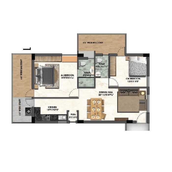 Floor plan of 2 BHK 1450 Sq. Ft. Apartment in Cozy Essence Abhikhya, Hyderabad