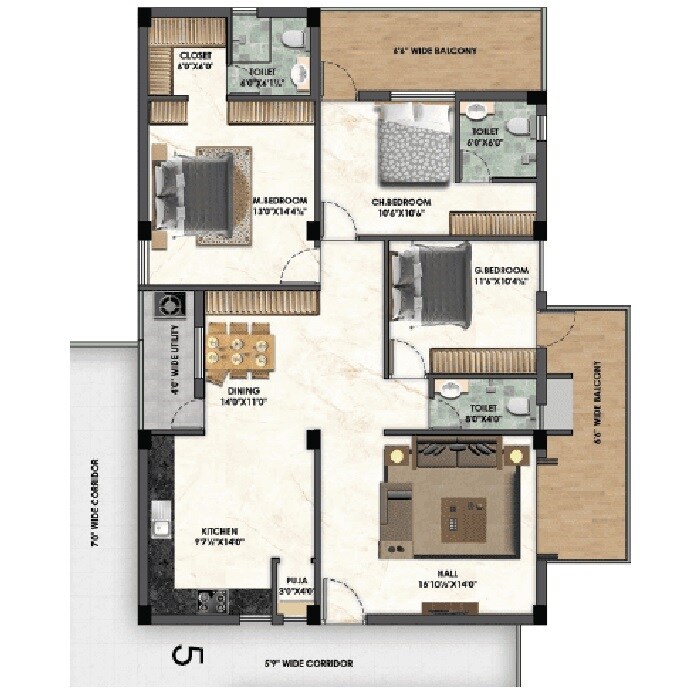 Floor plan of 3 BHK 2200 Sq. Ft. Apartment in Cozy Essence Abhikhya, Hyderabad