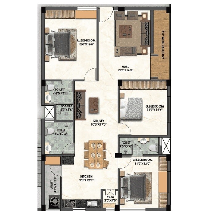 Floor plan of 3 BHK 1900 Sq. Ft. Apartment in Cozy Essence Abhikhya, Hyderabad