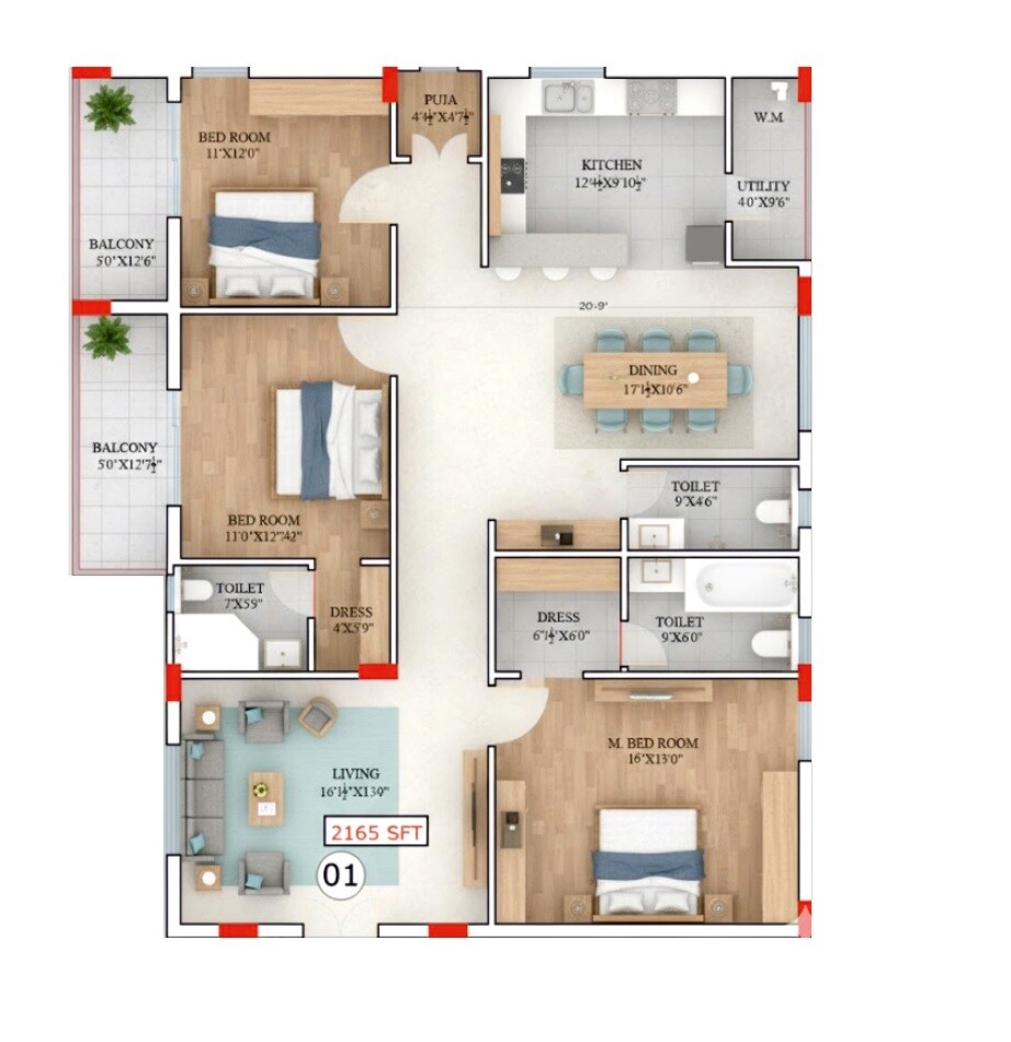 Floor plan of 3 BHK 2165 Sq. Ft. Apartment in CPR Silver Oak, Hyderabad