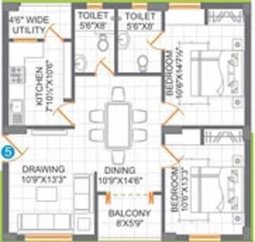 Floor plan of 2 BHK 1105 Sq. Ft. Apartment in CPR Southend, Hyderabad