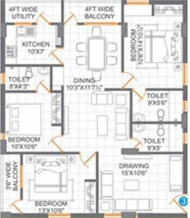 Floor plan of 3 BHK 1525 Sq. Ft. Apartment in CPR Southend, Hyderabad