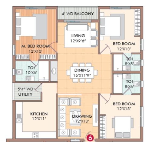 Floor plan of 3 BHK 1960 Sq. Ft. Apartment in Creative Koven Udaya Cresent, Hyderabad