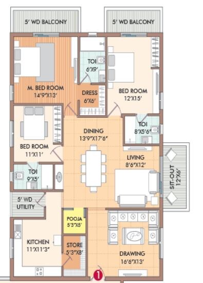 Floor plan of 3 BHK 2455 Sq. Ft. Apartment in Creative Koven Udaya Cresent, Hyderabad