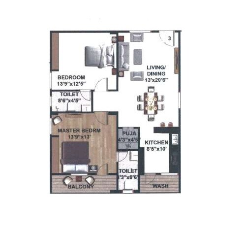 Floor plan of 2 BHK 1155 Sq. Ft. Apartment in Creative Venkateshwara Lake View, Hyderabad