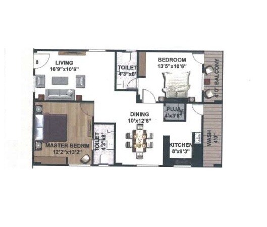 Floor plan of 2 BHK 1232 Sq. Ft. Apartment in Creative Venkateshwara Lake View, Hyderabad