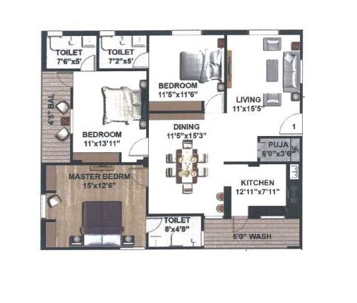 Floor plan of 3 BHK 1365 Sq. Ft. Apartment in Creative Venkateshwara Lake View, Hyderabad