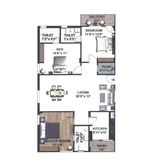 Floor plan of 3 BHK 1730 Sq. Ft. Apartment in Creative Venkateshwara Lake View, Hyderabad