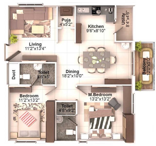 Floor plan of 2 BHK 1295 Sq. Ft. Apartment in Crown Whistling Woods, Hyderabad