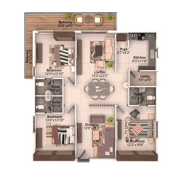 Floor plan of 3 BHK 1735 Sq. Ft. Apartment in Crown Whistling Woods, Hyderabad