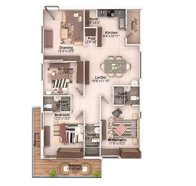 Floor plan of 3 BHK 2200 Sq. Ft. Apartment in Crown Whistling Woods, Hyderabad