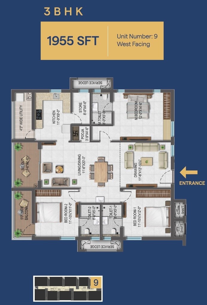 3 BHK 1955 Sq. Ft. Apartment