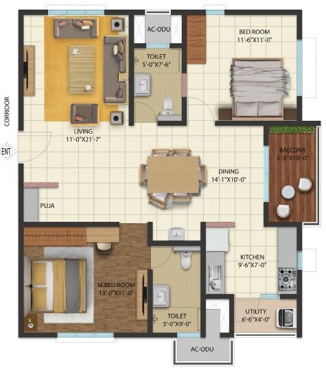 Floor plan of 2 BHK 1250 Sq. Ft. Apartment in Cyber City Oriana, Hyderabad