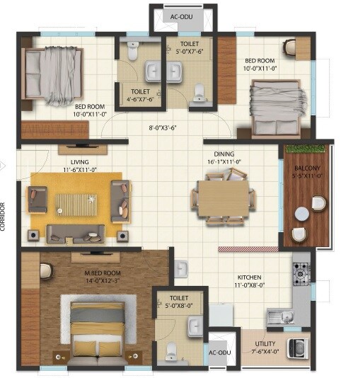 Floor plan of 3 BHK 1480 Sq. Ft. Apartment in Cyber City Oriana, Hyderabad