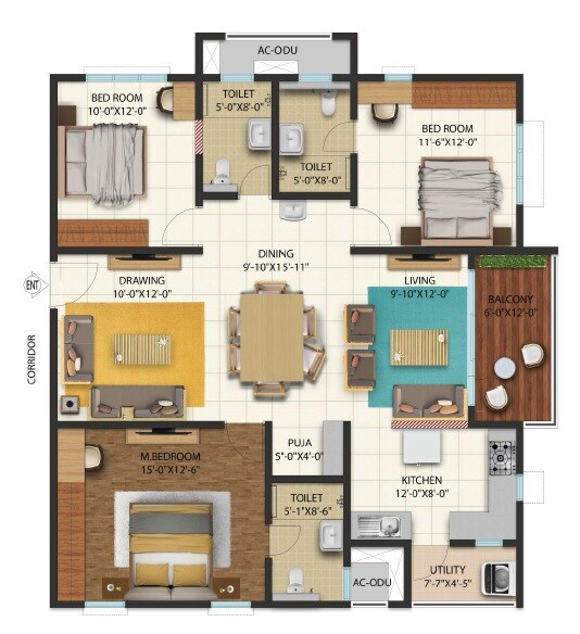 Floor plan of 3 BHK 1700 Sq. Ft. Apartment in Cyber City Oriana, Hyderabad