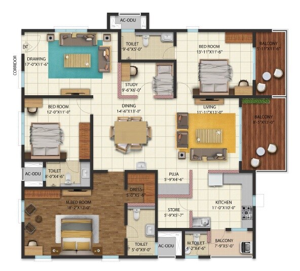 Floor plan of 3 BHK 2380 Sq. Ft. Apartment in Cyber City Oriana, Hyderabad