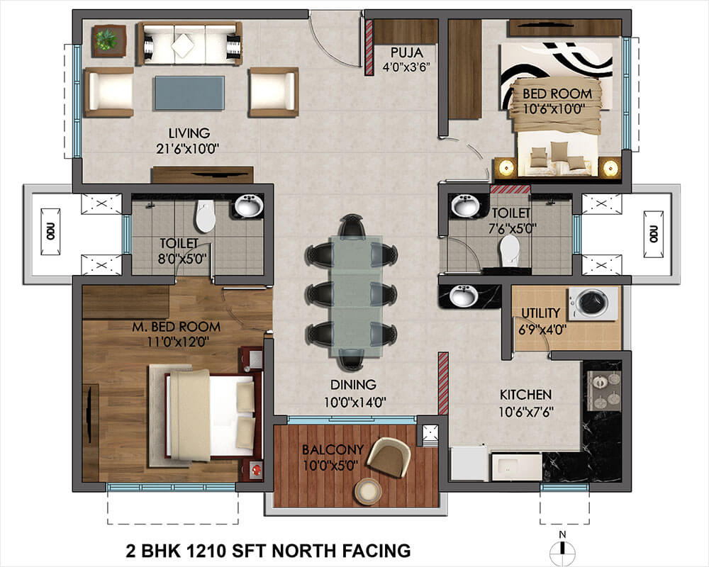 Floor plan of 2 BHK 1210 Sq. Ft. Apartment in Cybercity Marina Skies, Hyderabad
