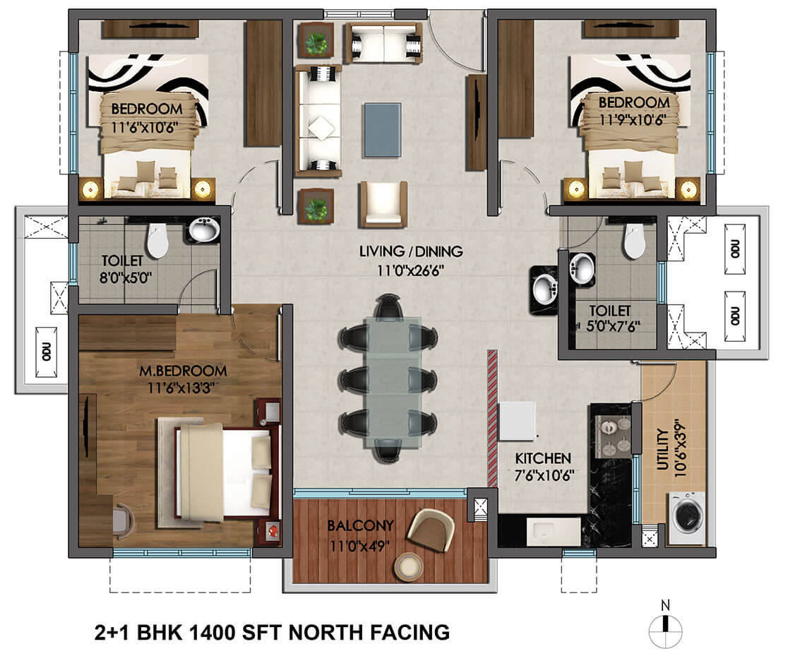 Floor plan of 2 BHK 1400 Sq. Ft. Apartment in Cybercity Marina Skies, Hyderabad