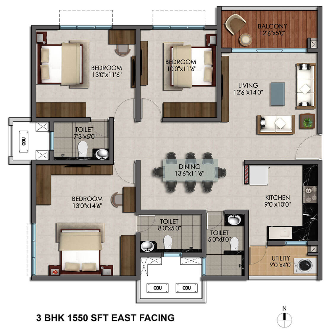 Floor plan of 3 BHK 1550 Sq. Ft. Apartment in Cybercity Marina Skies, Hyderabad