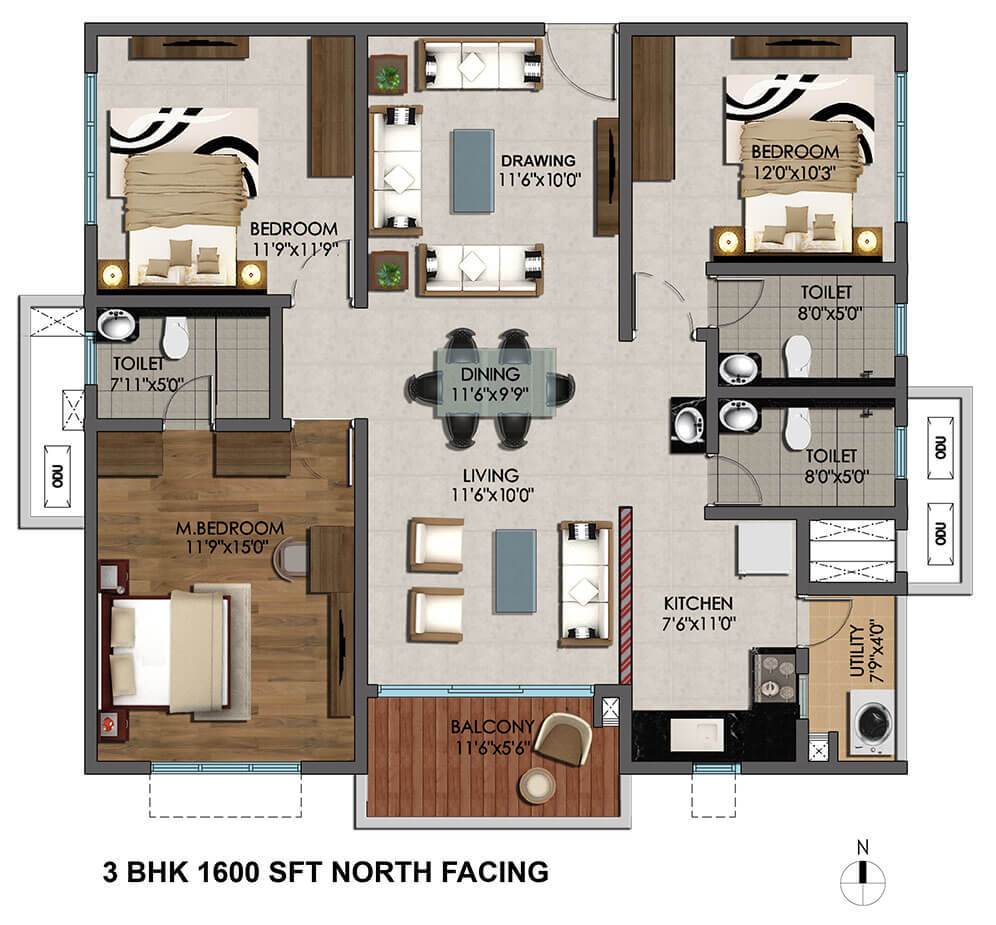 Floor plan of 3 BHK 1600 Sq. Ft. Apartment in Cybercity Marina Skies, Hyderabad
