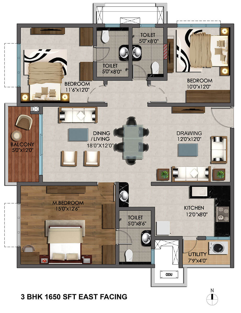 Floor plan of 3 BHK 1650 Sq. Ft. Apartment in Cybercity Marina Skies, Hyderabad