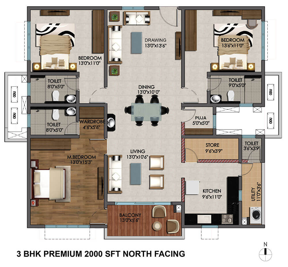 Floor plan of 3 BHK 2000 Sq. Ft. Apartment in Cybercity Marina Skies, Hyderabad