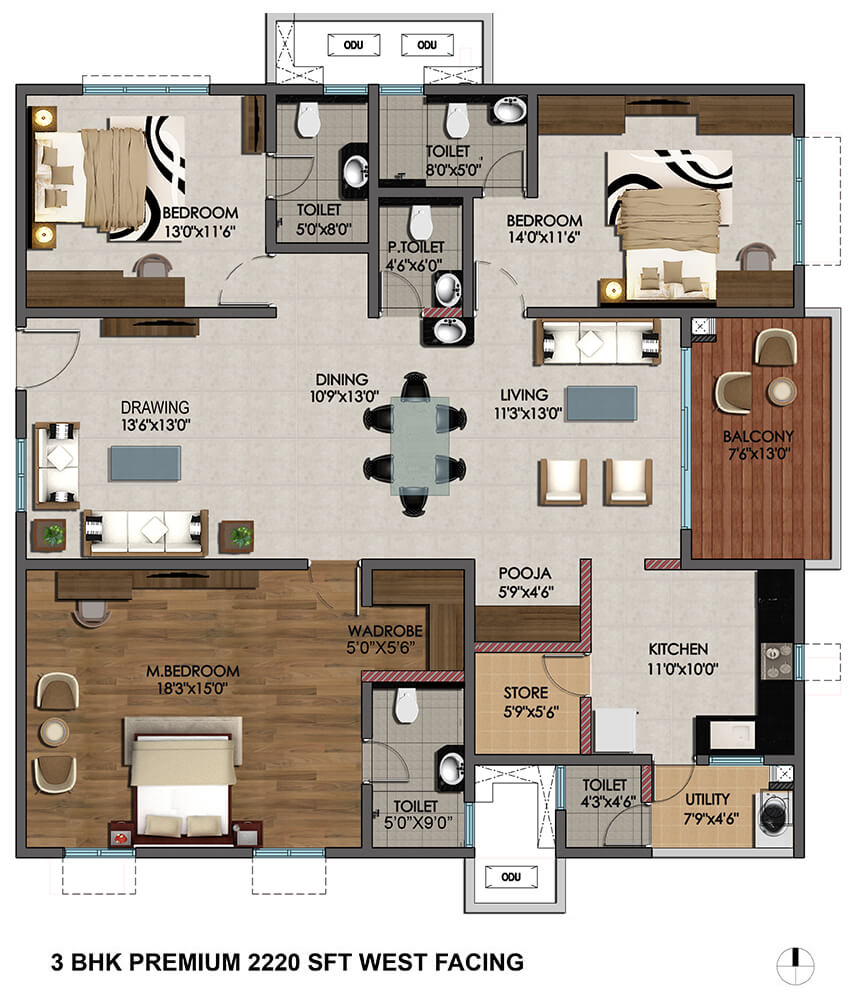 Floor plan of 3 BHK 2220 Sq. Ft. Apartment in Cybercity Marina Skies, Hyderabad