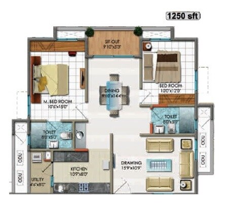 2 BHK 1250 Sq. Ft. Apartment
