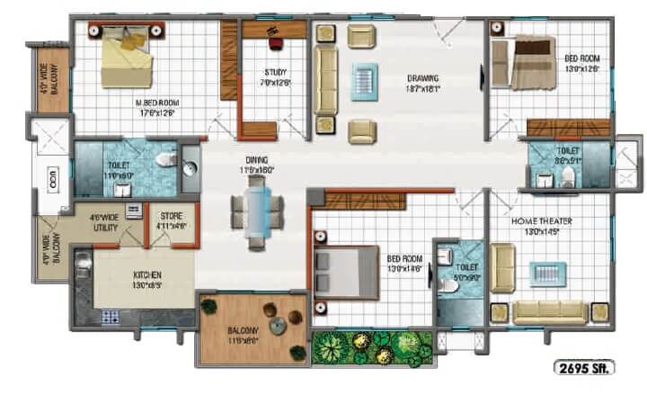 Floor plan of 3 BHK 2695 Sq. Ft. Apartment in Cybercity Rainbow Vistas, Hyderabad