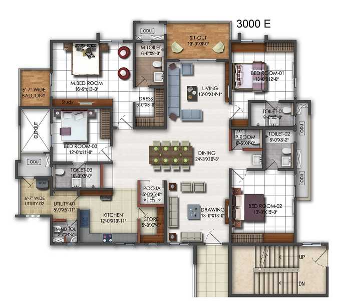 Floor plan of 4 BHK 3000 Sq. Ft. Apartment in Cybercity Rainbow Vistas, Hyderabad