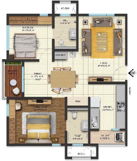 Floor plan of 2 BHK 1075 Sq. Ft. Apartment in Cybercity West Brook, Hyderabad