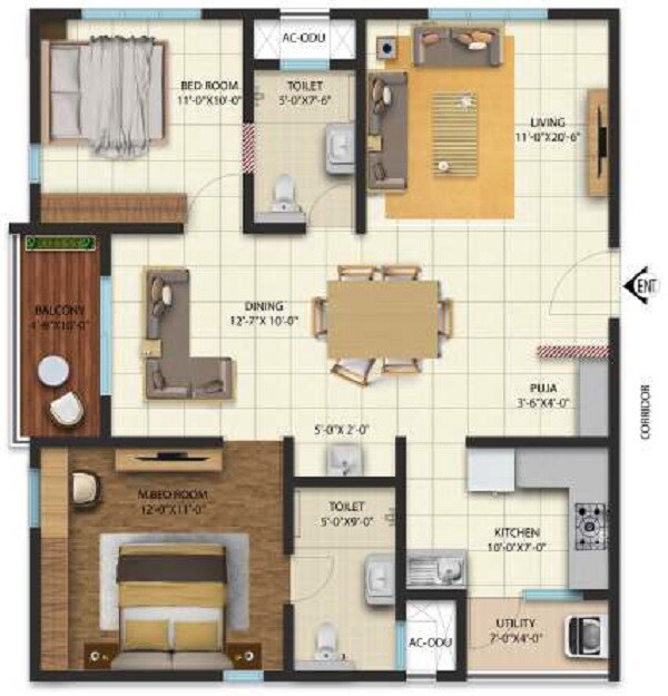 Floor plan of 2 BHK 1210 Sq. Ft. Apartment in Cybercity West Brook, Hyderabad