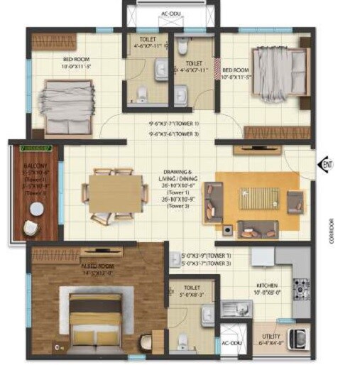 Floor plan of 3 BHK 1470 Sq. Ft. Apartment in Cybercity West Brook, Hyderabad