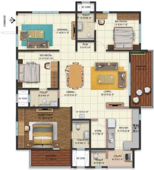 Floor plan of 3 BHK 2210 Sq. Ft. Apartment in Cybercity West Brook, Hyderabad
