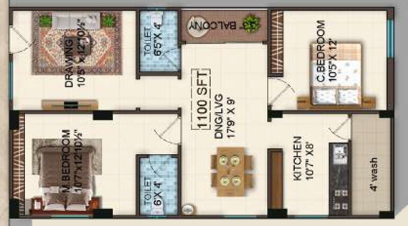 Floor plan of 2 BHK 1100 Sq. Ft. Apartment in Dandapani Happy Homes, Hyderabad