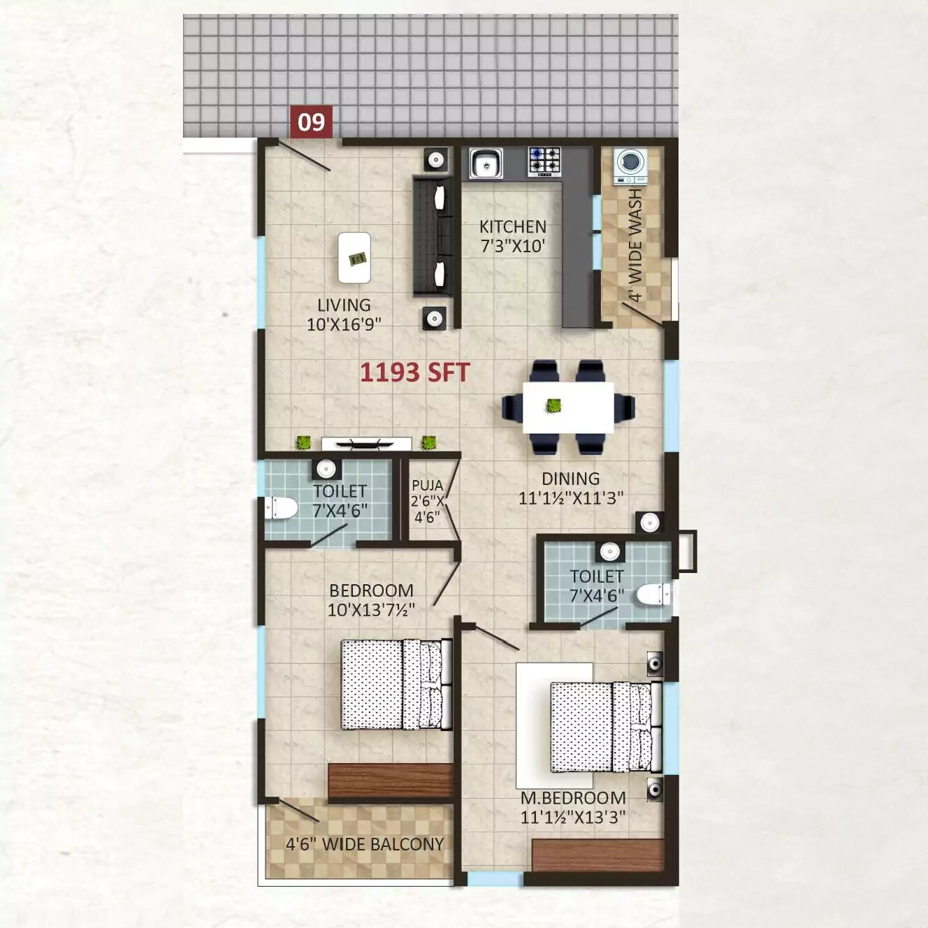 Floor plan of 2 BHK 1193 Sq. Ft. Apartment in Datri Green Ville, Hyderabad