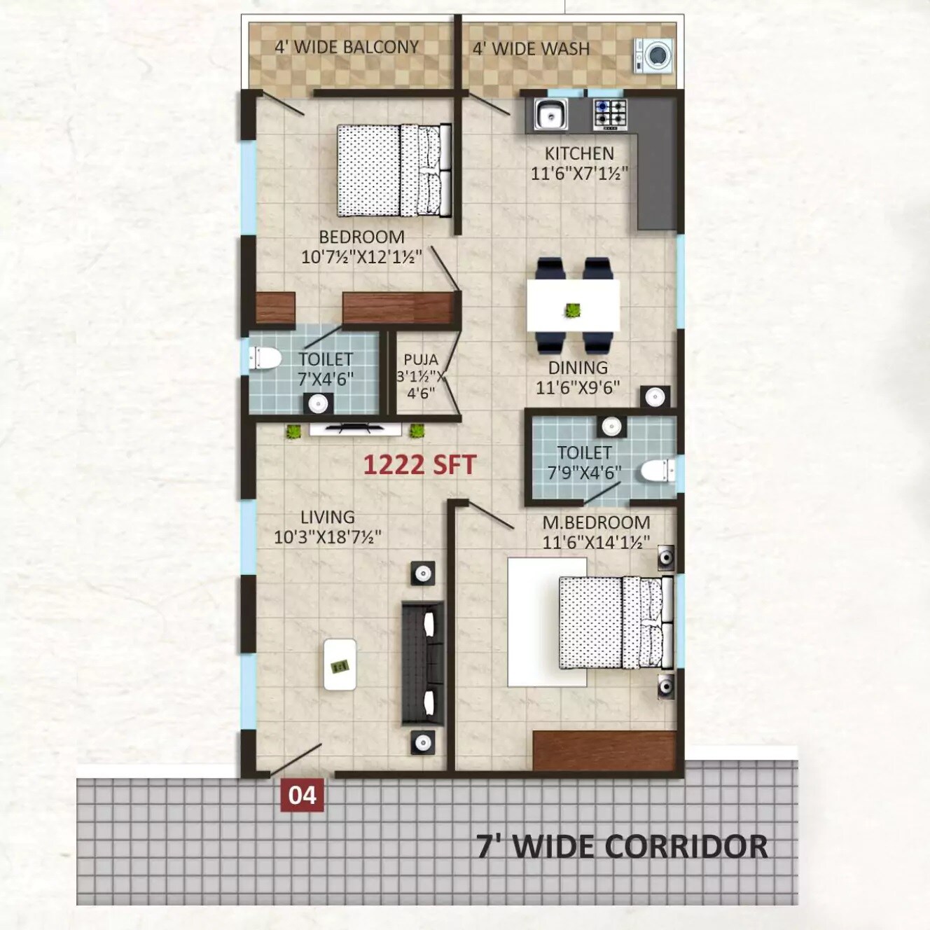Floor plan of 2 BHK 1222 Sq. Ft. Apartment in Datri Green Ville, Hyderabad