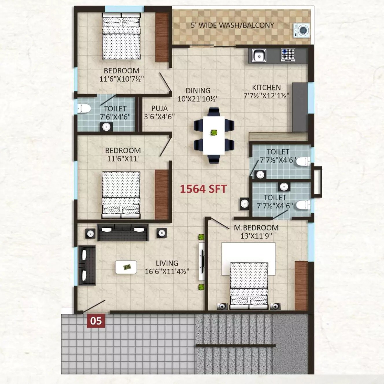 Floor plan of 3 BHK 1564 Sq. Ft. Apartment in Datri Green Ville, Hyderabad