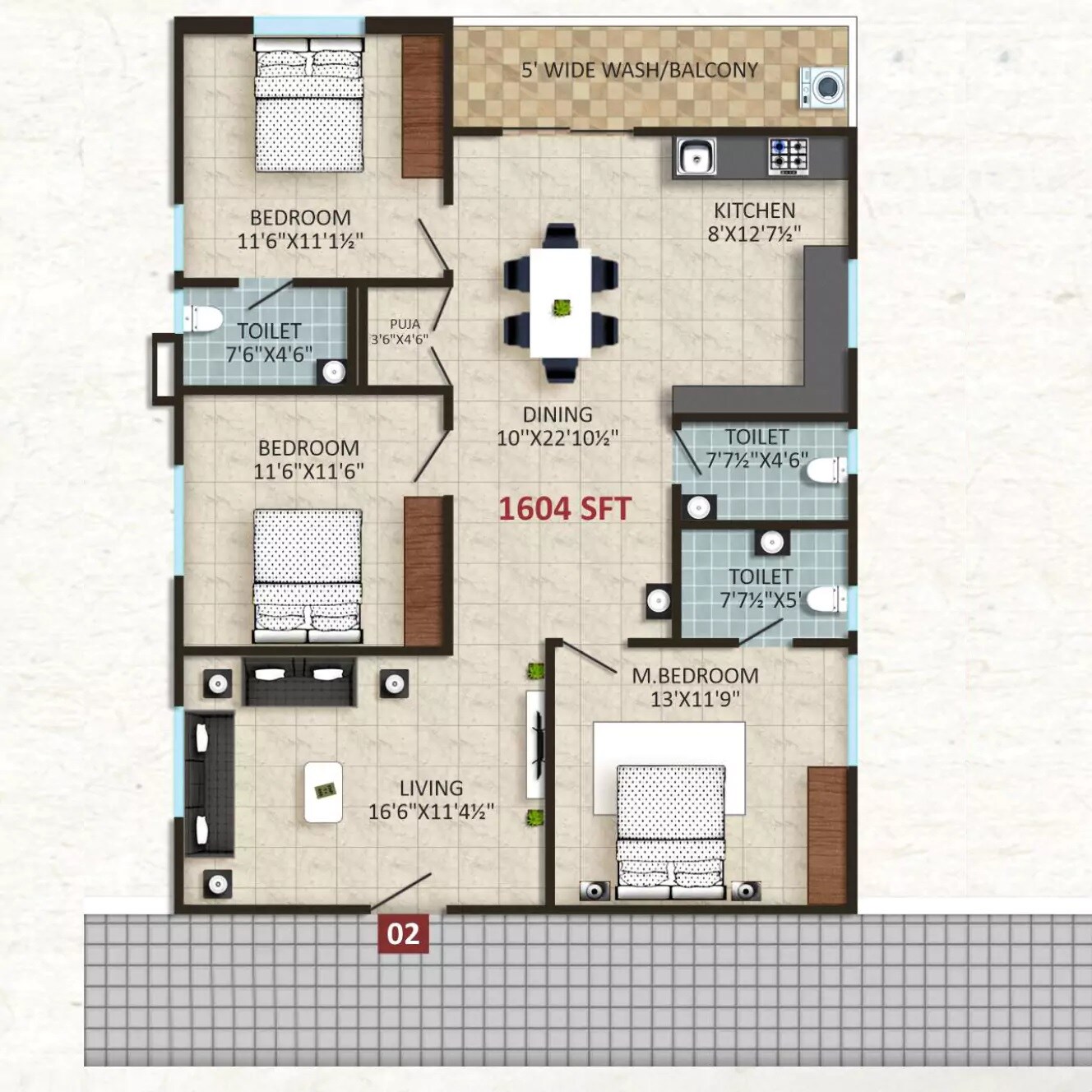 Floor plan of 3 BHK 1604 Sq. Ft. Apartment in Datri Green Ville, Hyderabad