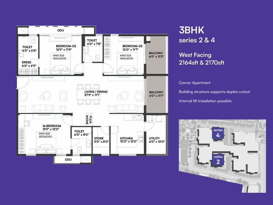 Floor plan of 3 BHK 2164 Sq. Ft. Apartment in Dev Signature One, Hyderabad