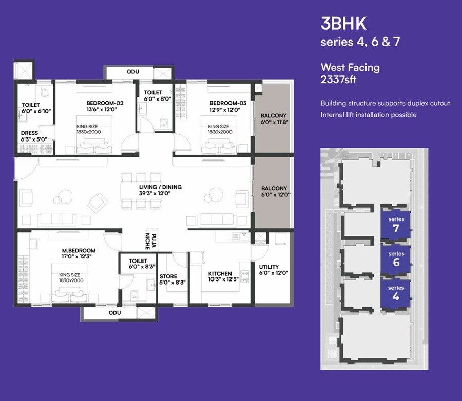 Floor plan of 3 BHK 2337 Sq. Ft. Apartment in Dev Signature One, Hyderabad