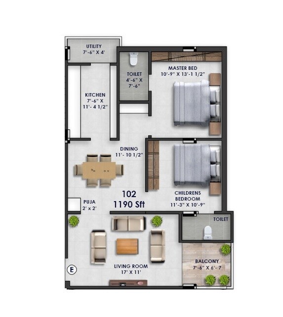 Floor plan of 2 BHK 1190 Sq. Ft. Apartment in Devarakonda Anjana Heights, Hyderabad