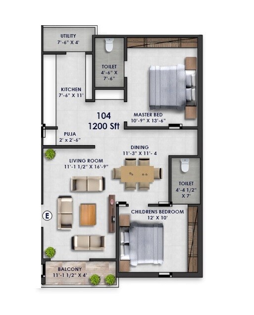 2 BHK 1200 Sq. Ft. Apartment