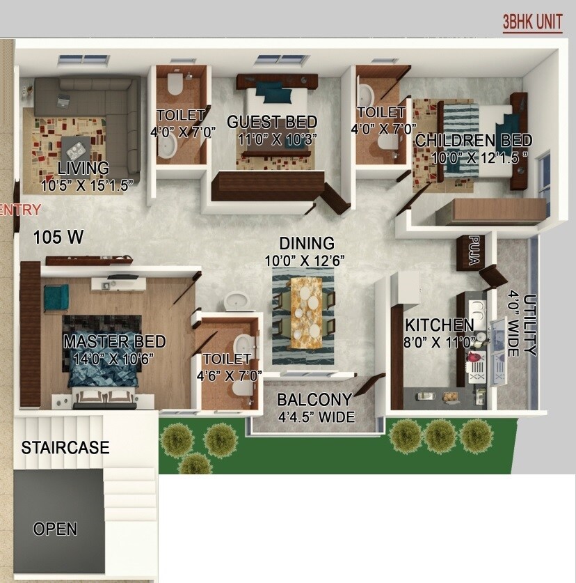 Floor plan of 3 BHK 1495 Sq. Ft. Apartment in Devarakonda Srinivasam, Hyderabad