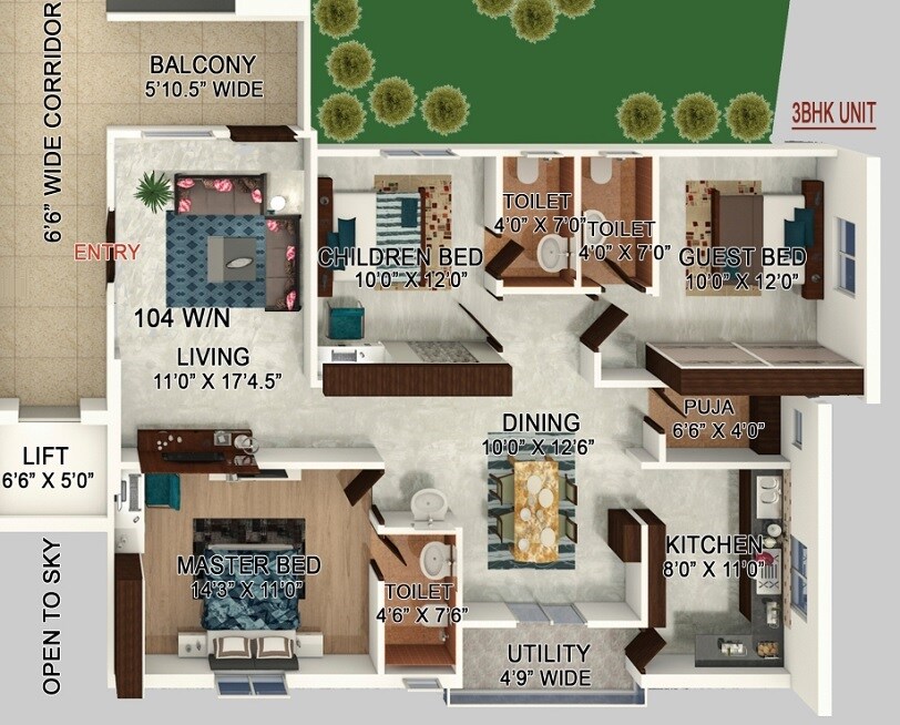 Floor plan of 3 BHK 1550 Sq. Ft. Apartment in Devarakonda Srinivasam, Hyderabad