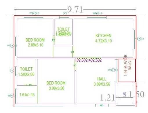 Floor plan of 2 BHK 1070 Sq. Ft. Apartment in Devarakonda Vishnu Sri, Hyderabad