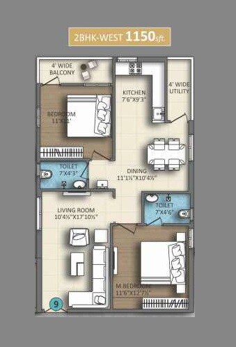 Floor plan of 2 BHK Apartment - 1150 sq. ft. in Devi Homes Samruddhi, Hyderabad
