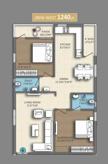 Floor plan of 2 BHK Apartment - 1240 sq. ft. in Devi Homes Samruddhi, Hyderabad