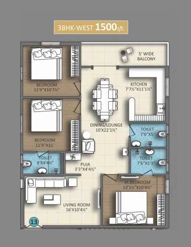 Floor plan of 3 BHK Apartment - 1500 sq. ft. in Devi Homes Samruddhi, Hyderabad