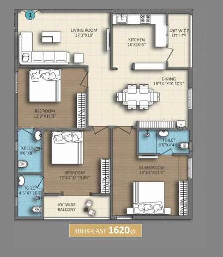 Floor plan of 3 BHK Apartment - 1620 sq. ft. in Devi Homes Samruddhi, Hyderabad